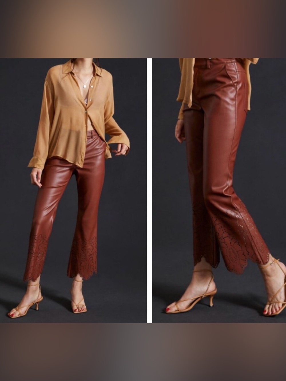 Anthropologie laser cut hem brown faux Leather size 12 ankle crop